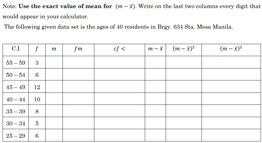Note: Use the exact value of mean for (m – x). Write on the last two columns every digit that
would appear in your calculator.
The following given data set is the ages of 40 residents in Brgy. 634 Sta. Mesa Manila.
C.I
fm
cf <
т — х
(т — х)2
(т — х)2
т
55 – 59
3
-
50 – 54
6
45 – 49
12
-
40 – 44
10
35 – 39
8
30 – 34
5
25 – 29
-
