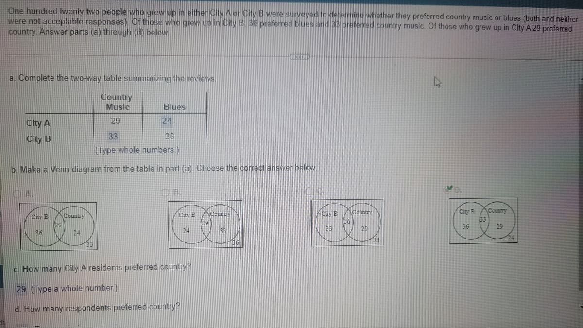 One hundred twenty two people who grew up in either CityA or City B were surveyed to determine whether they preferred country music or blues (both and neither
were not acceptable responses). Of those who grew up in City B. 36 preferred blues and 33 preferred country music. Of those who grew up in City A 29 preferred
country. Answer parts (a) through (d) below.
a. Complete the two-way table summarizing the reviews.
Country
Music
Blues
City A
29
24
City B
33
36
(Type whole numbers.)
b. Make a Venn diagram from the table in part (a). Choose the comect answer below.
Country
Ciry B
Counry
City B
29
Country
33
29
36
29
36
24
24
24
c. How many City A residents preferred country?
29 (Type a whole number)
d. How many respondents preferred country?
