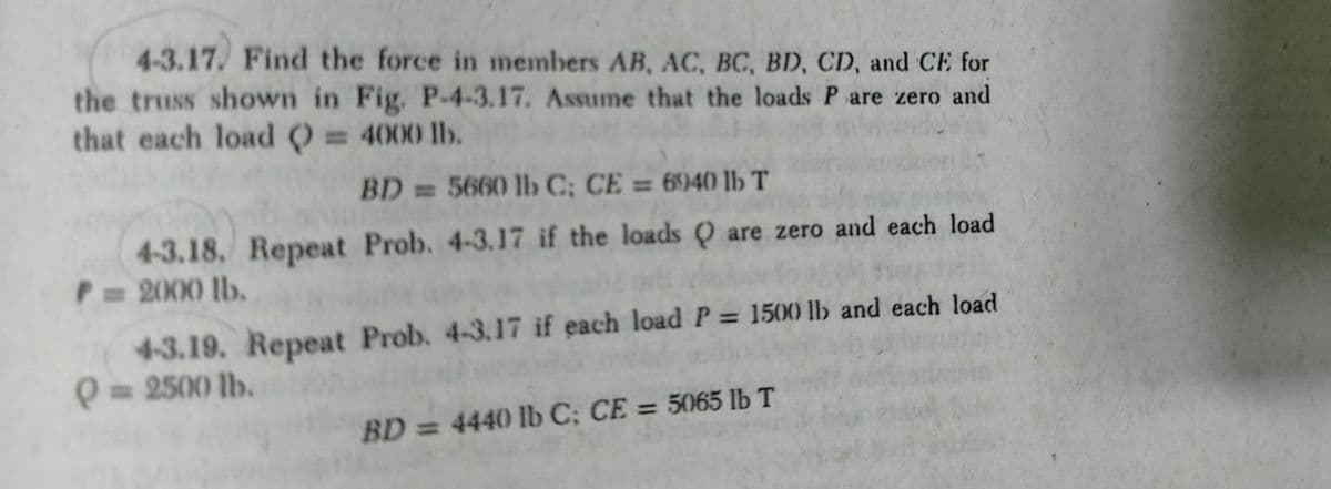 4-3.17. Find the force in members AB, AC, BC, BD, CD, and CE for
the truss shown in Fig., P-4-3.17. Assume that the loads P are zero and
that each load () = 4000 lb.
%3D
BD=5660 1lb C; CE = 6940 lb T
4-3.18. Repeat Prob. 4-3.17 if the loads Q are zero and each load
P32000 lb.
4-3.19. Repeat Prob. 4-3.17 if each load P = 1500 1lb and each load
P32500 lb.
%3D
%3D
BD =4440 lb C; CE = 5065 lb T
%3D
