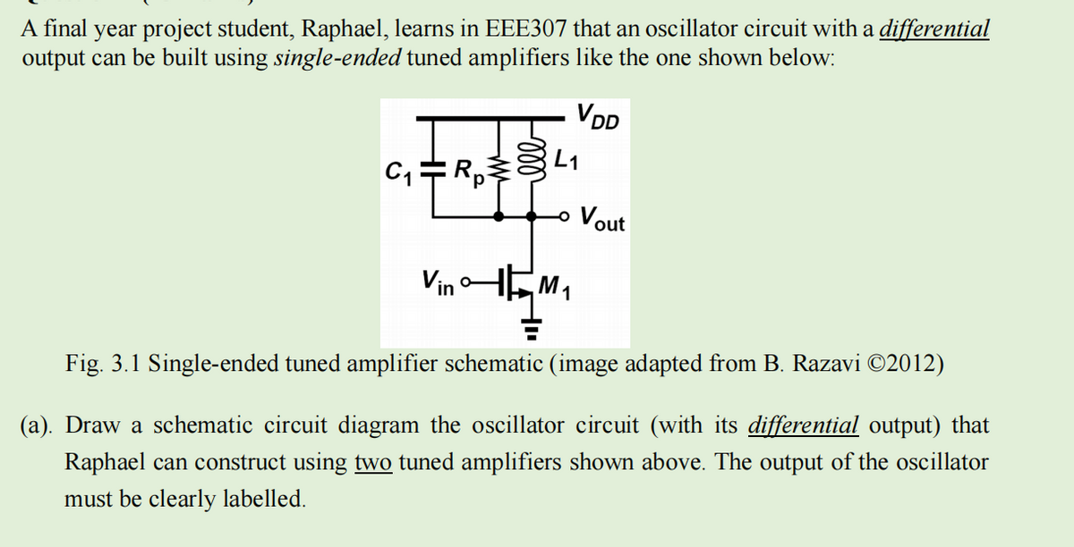 A final year project student, Raphael, learns in EEE307 that an oscillator circuit with a differential
output can be built using single-ended tuned amplifiers like the one shown below:
VDD
C₁=R4₁
- Vout
VinM₁
Fig. 3.1 Single-ended tuned amplifier schematic (image adapted from B. Razavi ©2012)
(a). Draw a schematic circuit diagram the oscillator circuit (with its differential output) that
Raphael can construct using two tuned amplifiers shown above. The output of the oscillator
must be clearly labelled.