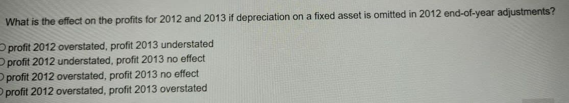 What is the effect on the profits for 2012 and 2013 if depreciation on a fixed asset is omitted in 2012 end-of-year adjustments?
profit 2012 overstated, profit 2013 understated
Oprofit 2012 understated, profit 2013 no effect
O profit 2012 overstated, profit 2013 no effect
O profit 2012 overstated, profit 2013 overstated