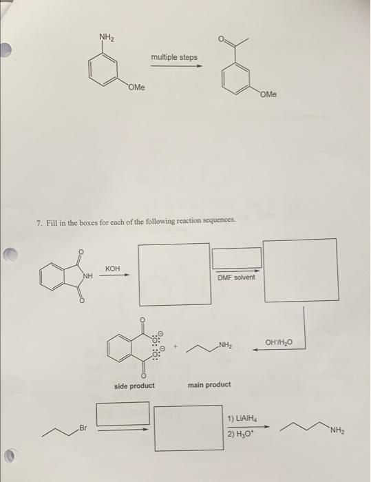 NH2
multiple steps
OMe
OMe
7. Fill in the boxes for each of the following reaction sequences.
кон
NH
DMF solvent
„NH2
OHYH,O
side product
main product
1) LIAIH,
Br
2) H,O*
NH2

