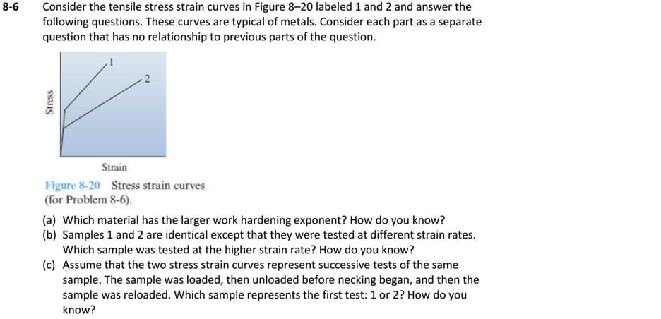 8-6
Consider the tensile stress strain curves in Figure 8-20 labeled 1 and 2 and answer the
following questions. These curves are typical of metals. Consider each part as a separate
question that has no relationship to previous parts of the question.
Strain
Figure 8-20 Stress strain curves
(for Problem 8-6).
(a) Which material has the larger work hardening exponent? How do you know?
(b) Samples 1 and 2 are identical except that they were tested at different strain rates.
Which sample was tested at the higher strain rate? How do you know?
(c) Assume that the two stress strain curves represent successive tests of the same
sample. The sample was loaded, then unloaded before necking began, and then the
sample was reloaded. Which sample represents the first test: 1 or 2? How do you
know?
ssans
