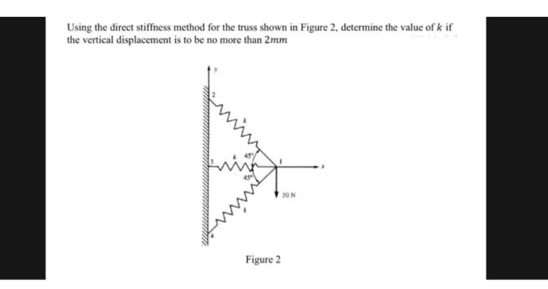 Using the direct stiffness method for the truss shown in Figure 2, determine the value of k if
the vertical displacement is to be no more than 2mm
Figure 2
50 N