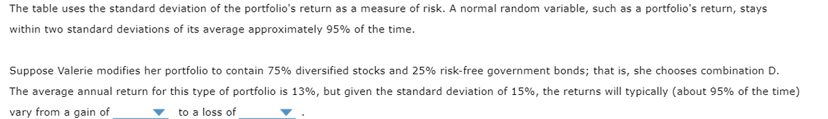 The table uses the standard deviation of the portfolio's return as a measure of risk. A normal random variable, such as a portfolio's return, stays
within two standard deviations of its average approximately 95% of the time.
Suppose Valerie modifies her portfolio to contain 75% diversified stocks and 25% risk-free government bonds; that is, she chooses combination D.
The average annual return for this type of portfolio is 13%, but given the standard deviation of 15%, the returns will typically (about 95% of the time)
vary from a gain of
to a loss of