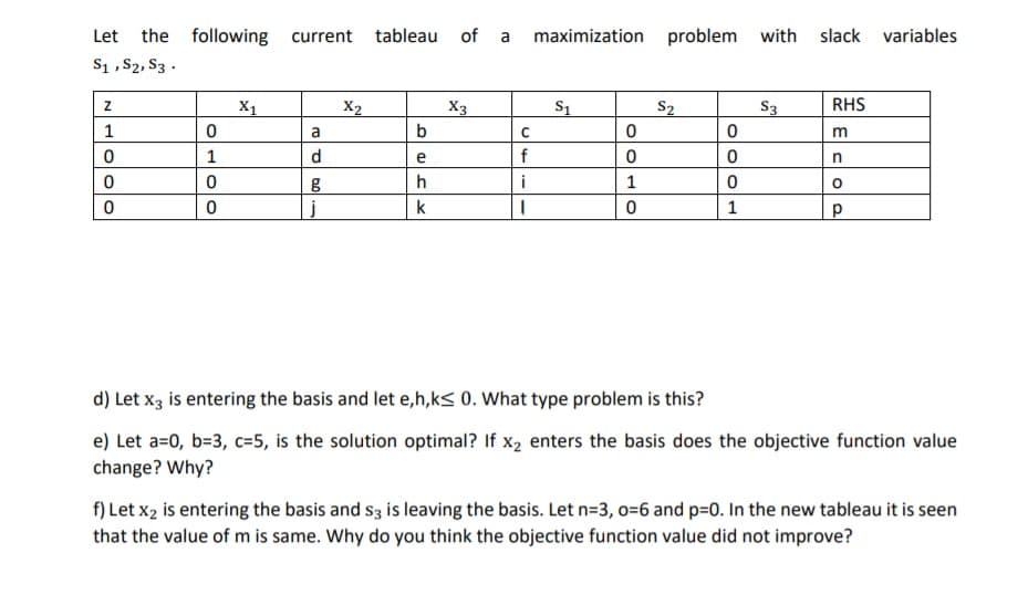 Let
the
following
current tableau of
a
maximization problem with slack
variables
S1 , S2, S3 -
X1
X2
X3
S2
S3
RHS
1
b
1
d
e
f
n
h
i
1
k
1
d) Let x3 is entering the basis and let e,h,k< 0. What type problem is this?
e) Let a=0, b=3, c=5, is the solution optimal? If x2 enters the basis does the objective function value
change? Why?
f) Let x2 is entering the basis and s3 is leaving the basis. Let n=3, 0=6 and p=0. In the new tableau it is seen
that the value of m is same. Why do you think the objective function value did not improve?
O O O
