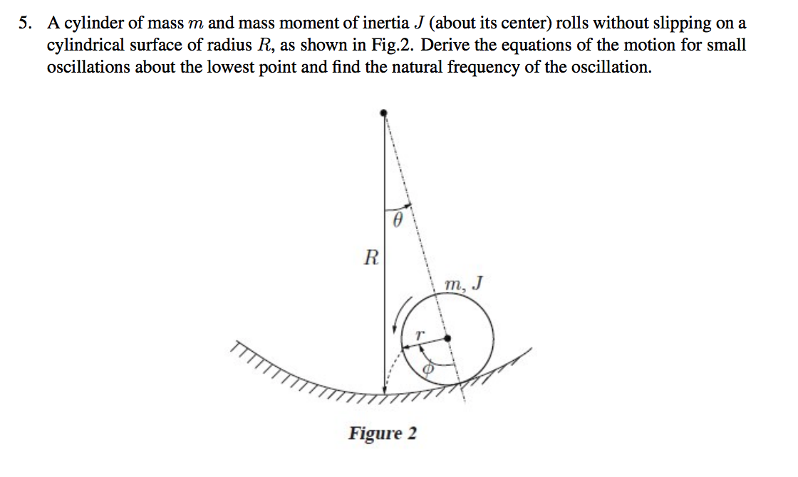 5. A cylinder of mass m and mass moment of inertia J (about its center) rolls without slipping on a
cylindrical surface of radius R, as shown in Fig.2. Derive the equations of the motion for small
oscillations about the lowest point and find the natural frequency of the oscillation.
R
0
Figure 2
m, J