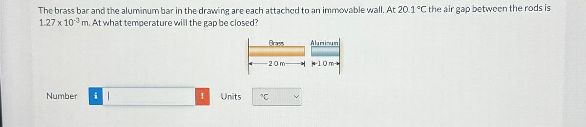 The brass bar and the aluminum bar in the drawing are each attached to an immovable wall. At 20.1 °C the air gap between the rods is
1.27 x 103 m. At what temperature will the gap be closed?
Number
Brass
Aluminum
-2.0m 1.0m
Units
°C