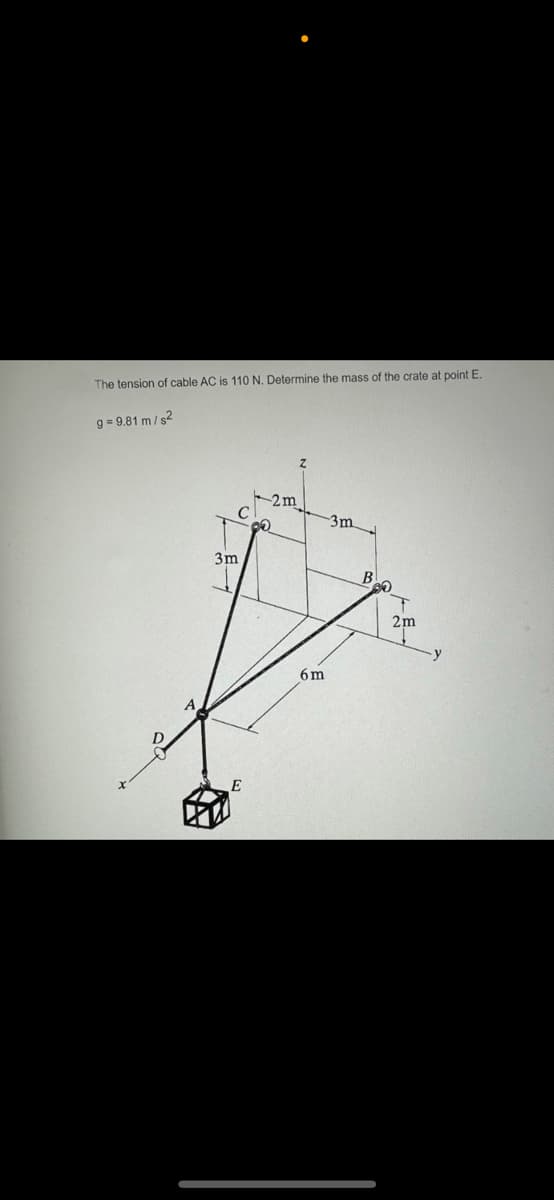 The tension of cable AC is 110 N. Determine the mass of the crate at point E.
g=9.81 m/s²
3m
E
-3m
6m
B
2m
y