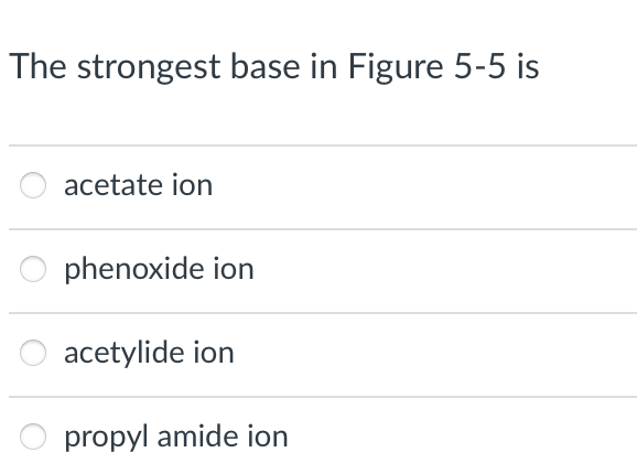 The strongest base in Figure 5-5 is
acetate ion
phenoxide ion
acetylide ion
propyl amide ion