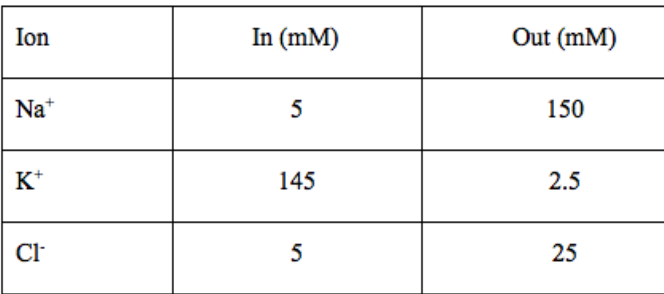 Ion
Na+
K+
CI
In (mm)
5
145
5
Out (mm)
150
2.5
25