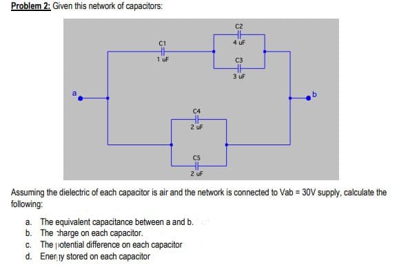 Problem 2: Given this network of capacitors:
C2
C1
4 uf
1 uF
C3
3 uf
C4
2 uf
C5
2 uf
Assuming the dielectric of each capacitor is air and the network is connected to Vab = 30V supply, calculate the
following:
a. The equivalent capacitance between a and b.
b. The charge on each capacitor.
c. The iotential difference on each capacitor
d. Enerjy stored on each capacitor
