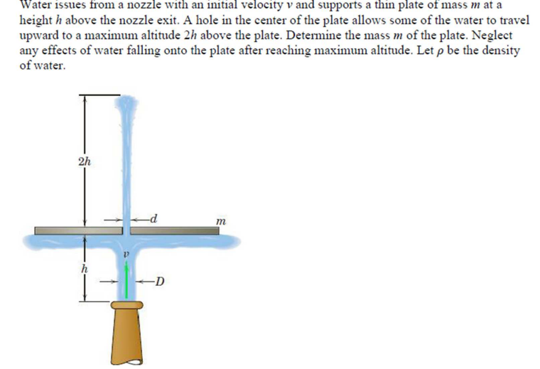 Water issues from a nozzle with an initial velocity v and supports a thin plate of mass m at a
height h above the nozzle exit. A hole in the center of the plate allows some of the water to travel
upward to a maximum altitude 2h above the plate. Determine the mass m of the plate. Neglect
any effects of water falling onto the plate after reaching maximum altitude. Let p be the density
of water.
2h
-d
-D
m
