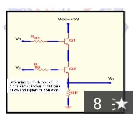 Vcc-+5v
Ben
Vo
Determine the truth table of the
digital circuit shown in the figure
below and explain its operation.
RE
8 *
