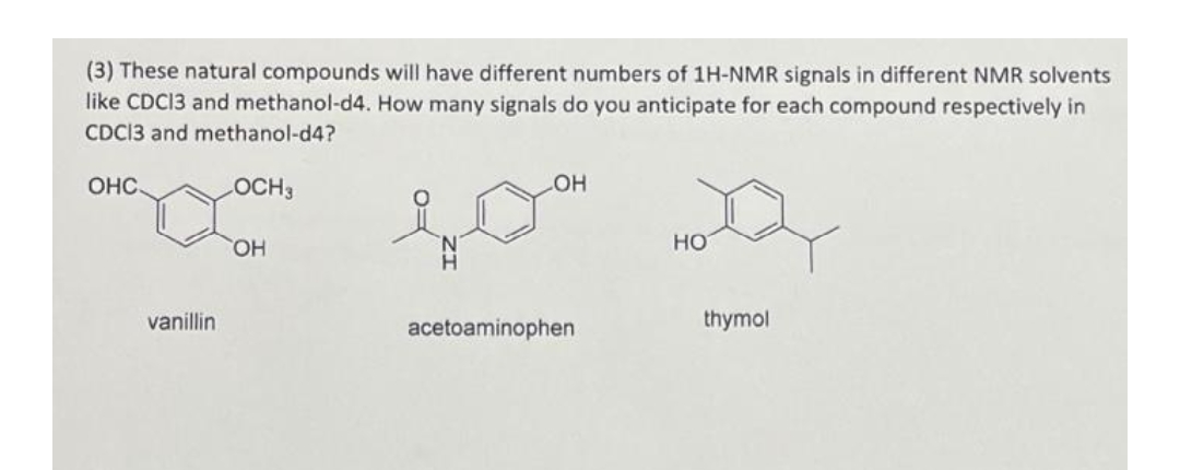 (3) These natural compounds will have different numbers of 1H-NMR signals in different NMR solvents
like CDC13 and methanol-d4. How many signals do you anticipate for each compound respectively in
CDC13 and methanol-d4?
LOCH 3
OHC.
vanillin
OH
LOH
acetoaminophen
HO
thymol