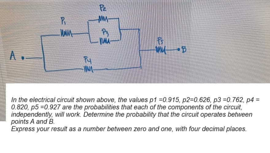 A.
Pz
P
MM-
www
P3
-mu-
AMB
Py
m
In the electrical circuit shown above, the values p1 =0.915, p2=0.626, p3=0.762, p4=
0.820, p5 =0.927 are the probabilities that each of the components of the circuit,
independently, will work. Determine the probability that the circuit operates between
points A and B.
Express your result as a number between zero and one, with four decimal places.