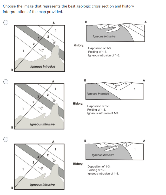 A
2
Choose the image that represents the best geologic cross section and history
interpretation of the map provided.
1
3
2
2
Igneous Intrusive
2
2
1
B
History:
Igneous Intrusive
Deposition of 1-3.
Folding of 1-3.
Igneous intrusion of 1-3.
Igneous Intrusive
2
w
2
History:
Igneous Intrusive
Deposition of 1-3.
Folding of 1-3.
Igneous intrusion of 1-3.
Igneous Intrusive
B
1
History:
Igneous Intrusive
Deposition of 1-3.
Folding of 1-3.
Igneous intrusion of 1-3.