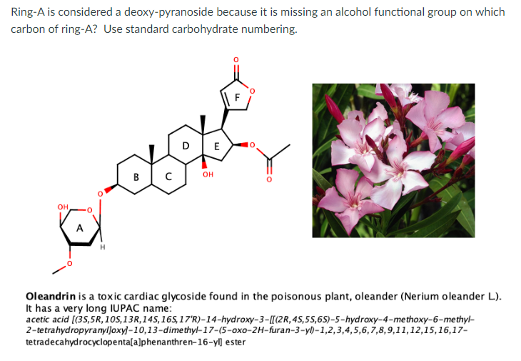 Ring-A is considered a deoxy-pyranoside because it is missing an alcohol functional group on which
carbon of ring-A? Use standard carbohydrate numbering.
E
в
он
он
Oleandrin is a toxic cardiac glycoside found in the poisonous plant, oleander (Nerium oleander L).
It has a very long IUPAC name:
acetic acid [(35,5R, 10S,13R,14S,16S,17'R)-14-hydroxy-3-[[(2R,4S,5S,6S)-5-hydroxy-4-methoxy-6-methyl-
2-tetrahydropyranyl]oxy]-10,13-dimethyl-17-(5-oxo-2H-furan-3-y)-1,2,3,4,5,6,7,8,9,11,12,15,16,17-
tetradecahydrocyclopenta[a]phenanthren-16-yl] ester
B.
