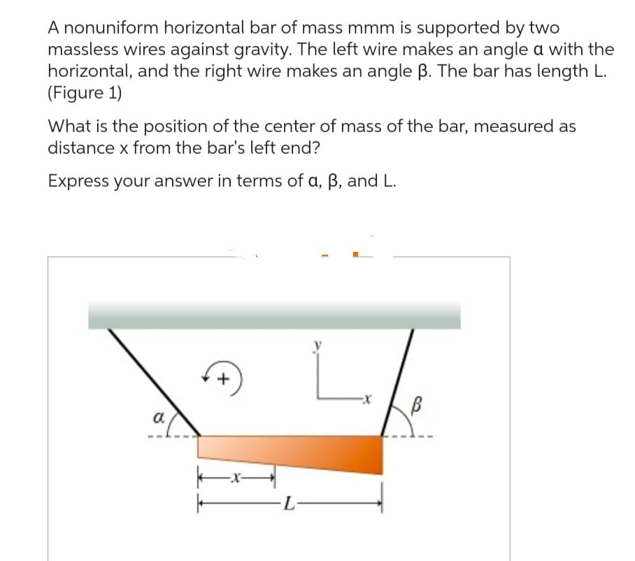 A nonuniform horizontal bar of mass mmm is supported by two
massless wires against gravity. The left wire makes an angle a with the
horizontal, and the right wire makes an angle B. The bar has length L.
(Figure 1)
What is the position of the center of mass of the bar, measured as
distance x from the bar's left end?
Express your answer in terms of a, ß, and L.
a
·L
.mm.
-X
B