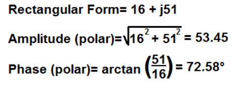 Rectangular Form= 16 + j51
2
Amplitude (polar)=\16+ 51 = 53.45
Phase (polar)= arctan
= 72.58°
16
