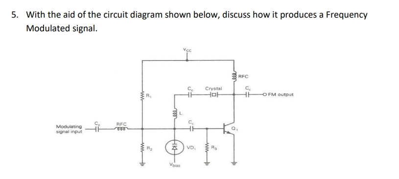 5. With the aid of the circuit diagram shown below, discuss how it produces a Frequency
Modulated signal.
Vcc
RFC
C.
Crystal
Hot
O FM output
RFC
a,
Modulating
signal input
本
VD,
R2
Voias
ww
ww

