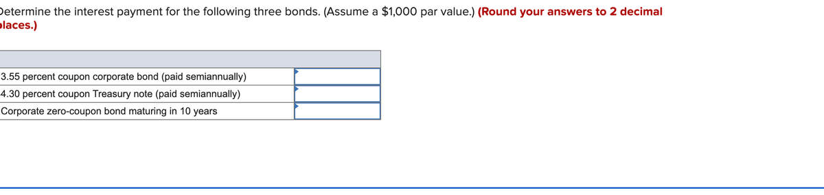 Determine the interest payment for the following three bonds. (Assume a $1,000 par value.) (Round your answers to 2 decimal
places.)
3.55 percent coupon corporate bond (paid semiannually)
4.30 percent coupon Treasury note (paid semiannually)
Corporate zero-coupon bond maturing in 10 years