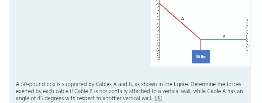 A
B
50 Ibs
A 50-pound box is supported by Cables A and B, as shown in the figure. Determine the forces
exerted by each cable if Cable B is horizontally attached to a vertical wall, while Cable A has an
angle of 45 degrees with respect to another vertical wall. 5
