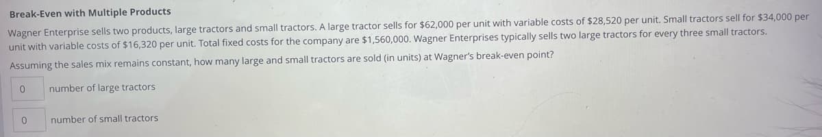 Break-Even with Multiple Products
Wagner Enterprise sells two products, large tractors and small tractors. A large tractor sells for $62,000 per unit with variable costs of $28,520 per unit. Small tractors sell for $34,000 per
unit with variable costs of $16,320 per unit. Total fixed costs for the company are $1,560,000. Wagner Enterprises typically sells two large tractors for every three small tractors.
Assuming the sales mix remains constant, how many large and small tractors are sold (in units) at Wagner's break-even point?
number of large tractors
0
0
number of small tractors.