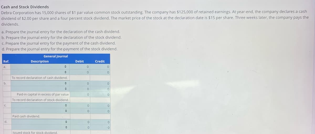 Cash and Stock Dividends
Debra Corporation has 15,000 shares of $1 par value common stock outstanding. The company has $125,000 of retained earnings. At year-end, the company declares a cash
dividend of $2.00 per share and a four percent stock dividend. The market price of the stock at the declaration date is $15 per share. Three weeks later, the company pays the
dividends.
a. Prepare the journal entry for the declaration of the cash dividend.
b. Prepare the journal entry for the declaration of the stock dividend.
c. Prepare the journal entry for the payment of the cash dividend.
d. Prepare the journal entry for the payment of the stock dividend.
General Journal
Ref.
a.
b.
C.
d.
Description
+
To record declaration of cash dividend.
수
Paid-in capital in excess of par value
To record declaration of stock dividend.
Paid cash dividend.
Issued stock for stock dividend.
수
수
+
Debit
0
0
0
0
0
0
0
0
0
Credit
0
0
0
0
0
0
0
0
0