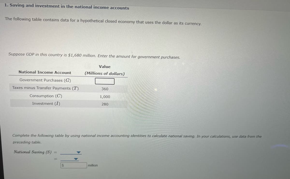 1. Saving and investment in the national income accounts
The following table contains data for a hypothetical closed economy that uses the dollar as its currency.
Suppose GDP in this country is $1,680 million. Enter the amount for government purchases.
Value
National Income Account
(Millions of dollars)
Government Purchases (G)
Taxes minus Transfer Payments (T)
360
1,000
Consumption (C)
Investment (I)
280
Complete the following table by using national income accounting identities to calculate national saving. In your calculations, use data from the
preceding table.
National Saving (S)
$
million