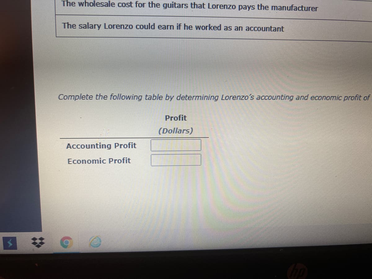 The wholesale cost for the guitars that Lorenzo pays the manufacturer
The salary Lorenzo could earn if he worked as an accountant
Complete the following table by determining Lorenzo's accounting and economic profit of
Profit
(Dollars)
Accounting Profit
Economic Profit
