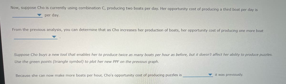 Now, suppose Cho is currently using combination C, producing two boats per day. Her opportunity cost of producing a third boat per day is
per day.
From the previous analysis, you can determine that as Cho increases her production of boats, her opportunity cost of producing one more boat
Suppose Cho buys a new tool that enables her to produce twice as many boats per hour as before, but it doesn't affect her ability to produce puzzles.
Use the green points (triangle symbol) to plot her new PPF on the previous graph.
Because she can now make more boats per hour, Cho's opportunity cost of producing puzzles is
it was previously.
