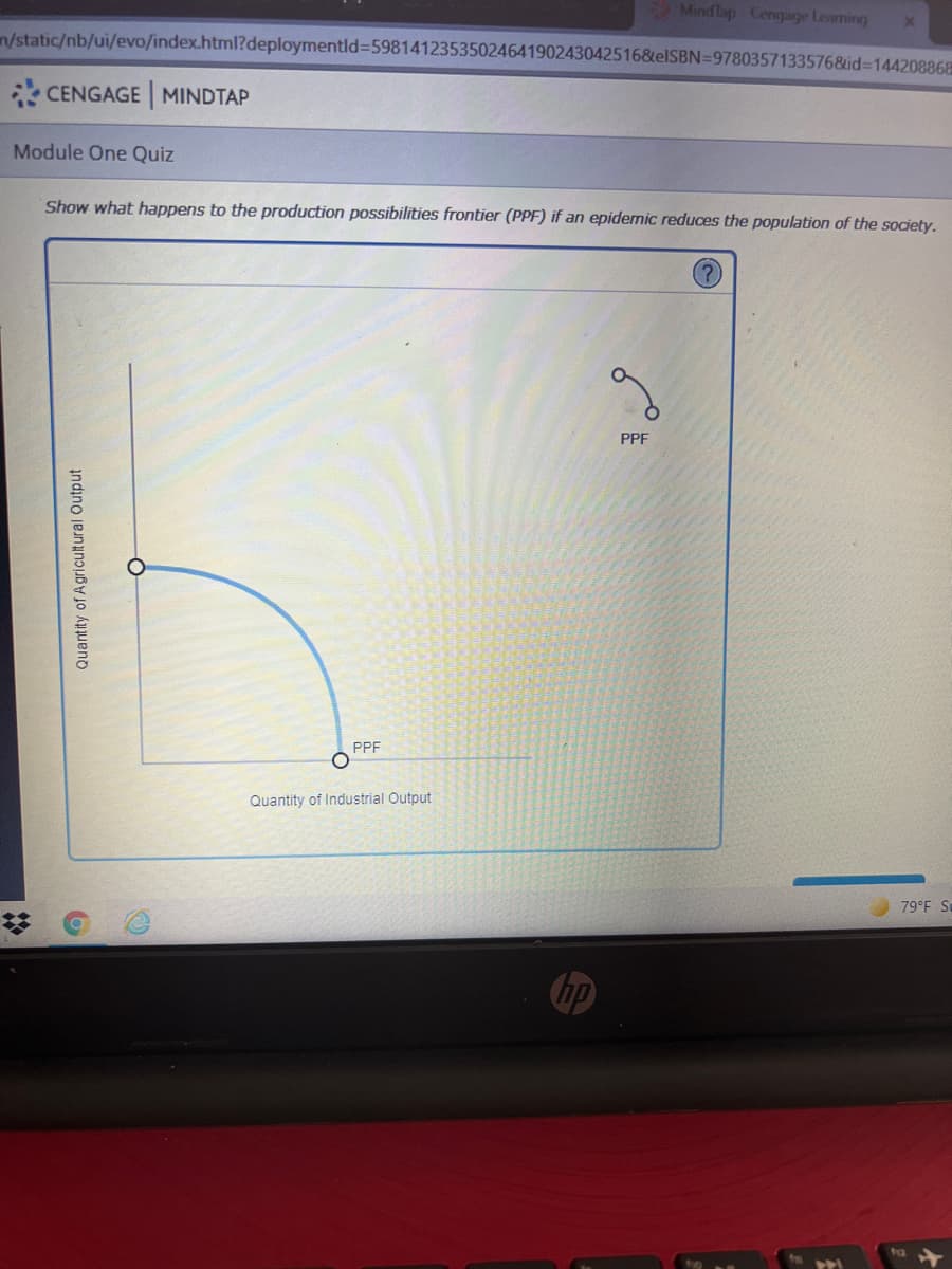 Mindlap Cengage Leaming
n/static/nb/ui/evo/index.html?deploymentld%3D5981412353502464190243042516&elSBN=9780357133576&id%3D14420886
CENGAGE MINDTAP
Module One Quiz
Show what happens to the production possibilities frontier (PPF) if an epidemic reduces the population of the society.
PPF
PPF
Quantity of Industrial Output
79°F Su
Quantity of Agricultural Output
