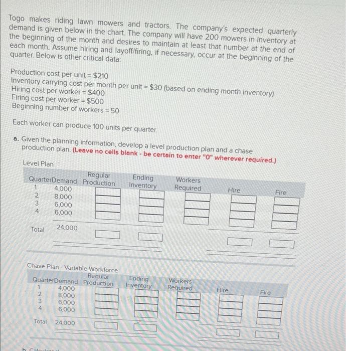 Togo makes riding lawn mowers and tractors. The company's expected quarterly
demand is given below in the chart. The company will have 200 mowers in inventory at
the beginning of the month and desires to maintain at least that number at the end of
each month. ASsume hiring and layoff/firing, if necessary, occur at the beginning of the
quarter. Below is other critical data:
Production cost per unit = $210
Inventory carrying cost per month per unit = $30 (based on ending month inventory)
Hiring cost per worker = $400
Firing cost per worker = $500
Beginning number of workers = 50
Each worker can produce 100 units per quarter.
a. Given the planning information, develop a level production plan and a chase
production plan. (Leave no cells blank - be certain to enter "0" wherever required.)
Level Plan
Regular
Ending
Inventory
Workers
QuarterDemand Production
1.
Required
Hire
Fire
4,000
8,000
6,000
6,000
24,000
Total
Chase Plan - Variable Workforce
Regular
QuarterDemand Production
4,000
Ending
Inventory
Workers
Required
Hire
Fire
2.
8,000
6,000
6,000
3.
4
Total
24,000
ulate
234
