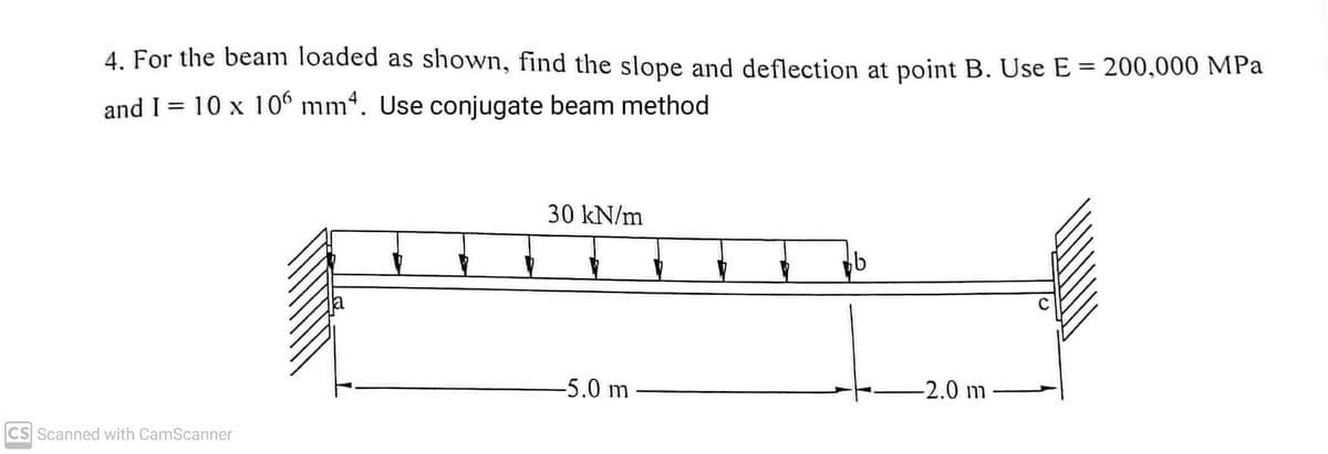 4. For the beam loaded as shown, find the slope and deflection at point B. Use E = 200,000 MPa
and I = 10 x 106 mm4. Use conjugate beam method
CS Scanned with CamScanner
30 kN/m
-5.0 m-
bb
-2.0 m
