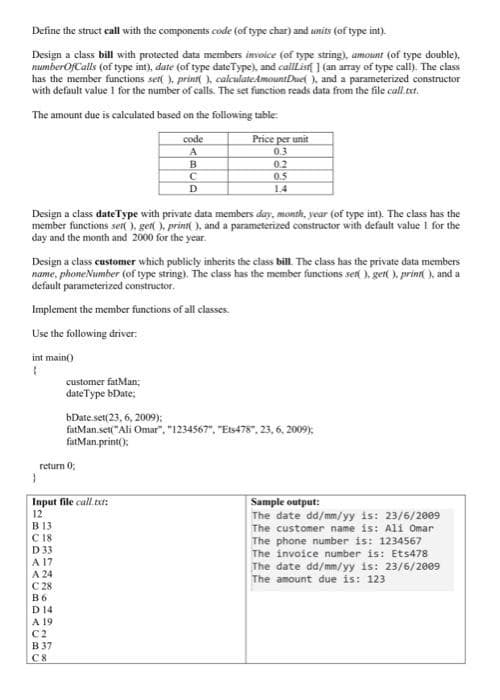 Define the struct call with the components code (of type char) and units (of type int).
Design a class bill with protected data members invoice (of type string), amount (of type double).
numberOfCalls (of type int), date (of type dateType), and callList[ ] (an array of type call). The class
has the member functions ser( ), print(), calculate Amount Duet ), and a parameterized constructor
with default value 1 for the number of calls. The set function reads data from the file call.txt.
The amount due is calculated based on the following table:
code
A
B
с
D
Design a class dateType with private data members day, month, year (of type int). The class has the
member functions ser().get(), print(), and a parameterized constructor with default value I for the
day and the month and 2000 for the year.
Design a class customer which publicly inherits the class bill. The class has the private data members
name, phone Number (of type string). The class has the member functions set().get(), print(), and a
default parameterized constructor.
Implement the member functions of all classes.
Use the following driver.
int main()
(
}
return 0;
B 13
C 18
customer fatMan;
date Type bDate;
Input file call.txt:
12
D 33
A 17
A 24
C 28
B6
Price per unit
0.3
0.2
0.5
D 14
A 19
C2
B 37
C8
bDate.set(23, 6, 2009);
fatMan.set("Ali Omar", "1234567", "Ets478", 23, 6, 2009);
fatMan.print();
Sample output:
The date dd/mm/yy is: 23/6/2009
The customer name is: Ali Omar
The phone number is: 1234567
The invoice number is: Ets478
The date dd/mm/yy is: 23/6/2009
The amount due is: 123