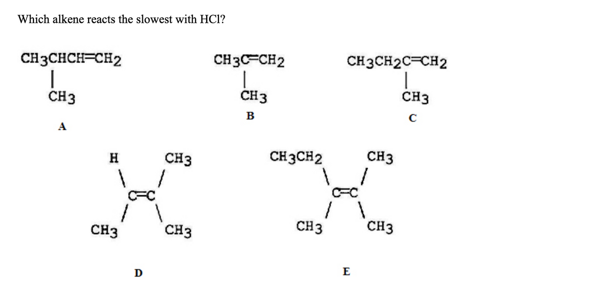 Which alkene reacts the slowest with HC1?
CH3CHCH=CH2
CH3
A
Н
CH3
D
CH3
CH3
CH3CFCH2
CH3
B
CH3CH2
CH3
CH3CH2C=CH2
|
CH3
с
E
1
CH3
CH3