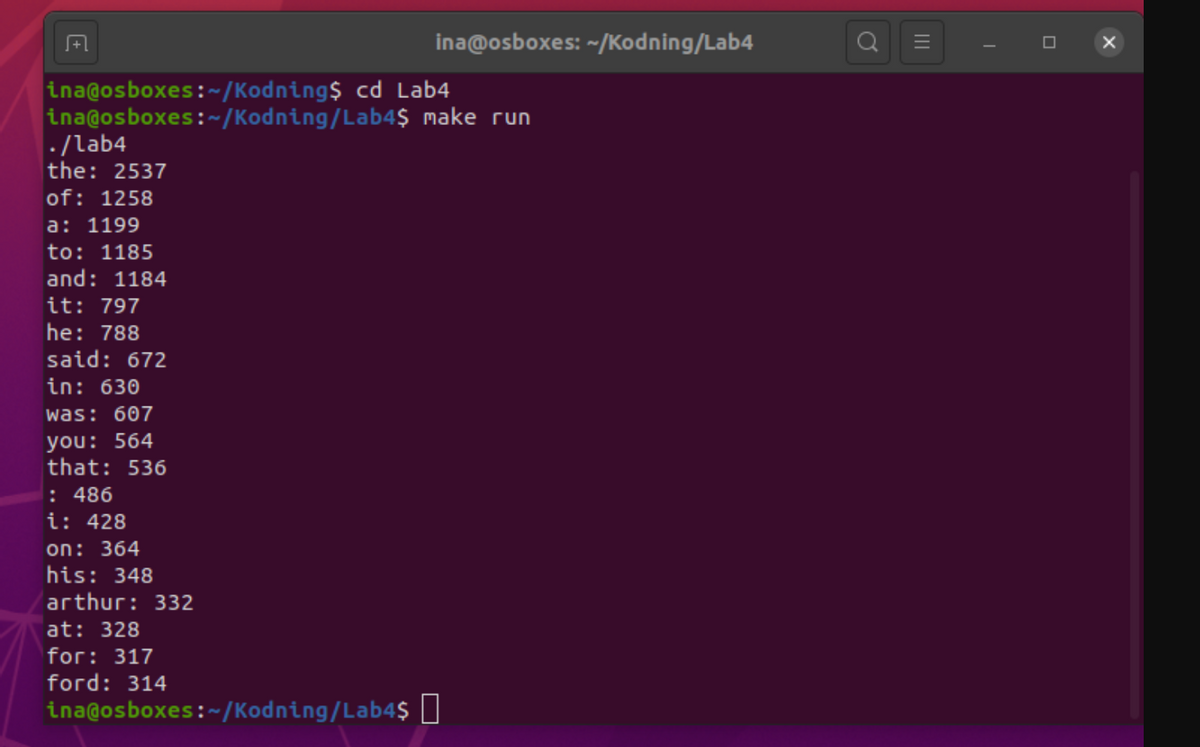 ina@osboxes: ~/Kodning/Lab4
ina@osboxes:~/Kodning$ cd Lab4
ina@osboxes:~/Kodning/Lab4Ş make run
·/lab4
the: 2537
of: 1258
a: 1199
to: 1185
and: 1184
it: 797
he: 788
said: 672
in: 630
was: 607
you: 564
that: 536
: 486
i: 428
364 : חO
his: 348
arthur: 332
at: 328
for: 317
ford: 314
ina@osboxes:~/Kodning/Lab4$ []
II
