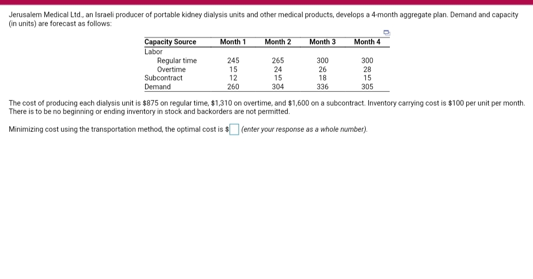 Jerusalem Medical Ltd., an Israeli producer of portable kidney dialysis units and other medical products, develops a 4-month aggregate plan. Demand and capacity
(in units) are forecast as follows:
FITTT
Capacity Source
Labor
Regular time
Overtime
Month 1
Month 2
Month 3
Month 4
300
300
28
245
265
15
24
26
Subcontract
12
15
18
15
Demand
260
304
336
305
The cost of producing each dialysis unit is $875 on regular time, $1,310 on overtime, and $1,600 on a subcontract. Inventory carrying cost is $100 per unit per month.
There is to be no beginning or ending inventory in stock and backorders are not permitted.
Minimizing cost using the transportation method, the optimal cost is $
(enter your response as a whole number).
