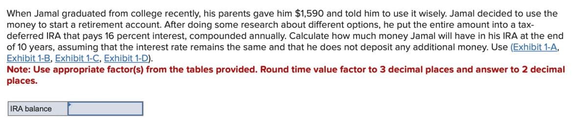 When Jamal graduated from college recently, his parents gave him $1,590 and told him to use it wisely. Jamal decided to use the
money to start a retirement account. After doing some research about different options, he put the entire amount into a tax-
deferred IRA that pays 16 percent interest, compounded annually. Calculate how much money Jamal will have in his IRA at the end
of 10 years, assuming that the interest rate remains the same and that he does not deposit any additional money. Use (Exhibit 1-A,
Exhibit 1-B, Exhibit 1-C, Exhibit 1-D).
Note: Use appropriate factor(s) from the tables provided. Round time value factor to 3 decimal places and answer to 2 decimal
places.
IRA balance