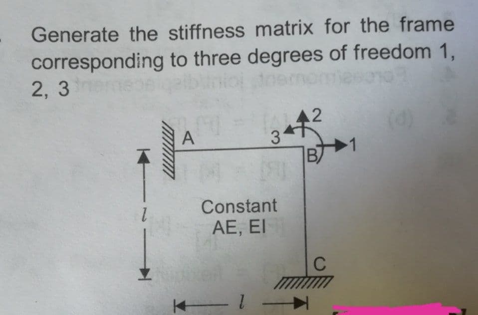 Generate the stiffness matrix for the frame
corresponding to three degrees of freedom 1,
2, 3em
CH
2
A
B/
Constant
AE, EI
C
