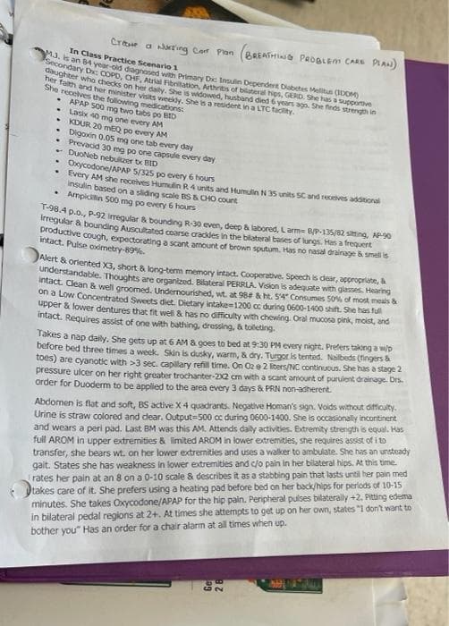 Cree a Naring Corr Plan (pREATHING PaopLEM CARS PLAN)
In Class Practice Scenario 1
n 84 year-old diagnosed with Primary D: Insulin Dependert Dabetes Melitus (IDOM)
Dadary D: COPD, CHF, Arial Fibritation, Arthritis of bilateral hips, GERD. She has a supportive
bghter who checks on her dally, She is widowed, husband died 6 years ago. She finds strength in
Sfaith and her minister vists weekdy. She is a resident in a LTC tacity.
She recelves the following medications:
APAP 500 mg two tabs po BID
Lasix 40 mg one every AM
KDUR 20 mEQ po every AM
Digoxin 0.05 mg one tab every day
Prevacid 30 mg po one capsude every day
DuoNeb nebulkzer tx BID
Oxycodone/APAP 5/325 po every 6 hours
Every AM she receives Humulin R4 units and Humulin N35 units SC and recves additional
Insulin based on a sliding scale BS& CHO Count
Ampiciin S00 mg po every 6 hours
1-98.4 p.o., P-92 irregular & bounding R30 even, deep & labored, Larm B/P-135/82 siting, AP90
ieguar & bounding Auscuated coarse grackdes in the bilateral bases of lungs. Has a frequent
productive cough, expectorating a scant amount of brown sputum. Has no nasal drainage & smel is
intact. Pulse odmetry-89%.
Alert & orlented X3, short & long-term memory intact. Cooperative. Speech is dear, appropriate, &
understandable. Thoughts are organized. Bilateral PERRLA. Vision is adequate with glasses. Hearing
Intact. Clean & well groomed, Undernourished, wt. at 98e &ht. 54 Consumes S0% of mos meals &
on a Low Concentrated Sweets diet. Dietary intake-1200 cc during 0600-1400 shift. She has ful
upper & lower dentures that fit wel & has no difficulty with chewing. Oral mucosa pirk, moist, and
intact. Requires assist of one with bathing, dressing, & toileting.
Takes a nap daily. She gets up at 6 AM & goes to bed at 9:30 PM every night. Prefers takng a wp
before bed three times a week. Skin is dusky, warm, & dry. Turgor is tented. Nalbeds (fingers &
toes) are cyanotic with >3 sec. capilary refil time. On O2 e2 ters/NC continuous. She has a stage 2
pressure ulcer on her right greater trochanter-2X2 cm with a scant amount of purulent drainage. Drs.
order for Duoderm to be appled to the area every 3 days & PRN non-adherent.
Abdomen is flat and soft, BS active X4 quadrants. Negative Homan's sign. Voids without difficulty.-
Urine is straw colored and dear. Output=500 cc during 0600-1400. She is occasionally incontinent
and wears a peri pad. Last BM was this AM. Attends daly activities. Extremity strength is equal. Has
full AROM in upper extremities & limited AROM in lower extremities, she requires assist of i to
transfer, she bears wt. on her lower extremities and uses a walker to ambulate. She has an unsteady
gait. States she has weakness in lower extremities and c/o pain in her bilateral hips. At this time.
rates her pain at an 8 on a 0-10 scale & describes it as a stabbing pain that lasts until her pain med
* Dtakes care of it. She prefers using a heating pad before bed on her back/hips for perlods of 10-15
minutes. She takes Oxycodone/APAP for the hip pain. Peripheral pulses bilaterally +2. Pitting edema
in bilateral pedal regions at 2+. At times she attempts to get up on her own, states "1 don't want to
bother you" Has an order for a chair alarm at all times when up.

