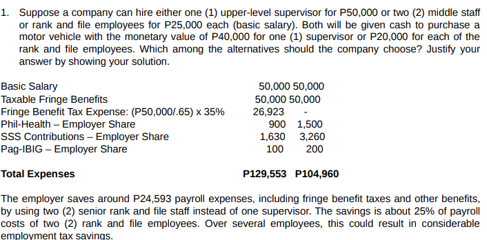 1. Suppose a company can hire either one (1) upper-level supervisor for P50,000 or two (2) middle staff
or rank and file employees for P25,000 each (basic salary). Both will be given cash to purchase a
motor vehicle with the monetary value of P40,000 for one (1) supervisor or P20,000 for each of the
rank and file employees. Which among the alternatives should the company choose? Justify your
answer by showing your solution.
Basic Salary
Taxable Fringe Benefits
Fringe Benefit Tax Expense: (P50,000/.65) x 35%
Phil-Health - Employer Share
SSS Contributions - Employer Share
Pag-IBIG - Employer Share
Total Expenses
50,000 50,000
50,000 50,000
26,923
900 1,500
1,630
3,260
100
200
P129,553 P104,960
The employer saves around P24,593 payroll expenses, including fringe benefit taxes and other benefits,
by using two (2) senior rank and file staff instead of one supervisor. The savings is about 25% of payroll
costs of two (2) rank and file employees. Over several employees, this could result in considerable
employment tax savings.
