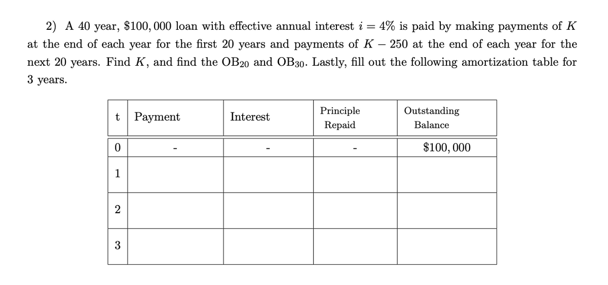 2) A 40 year, $100, 000 loan with effective annual interest i = 4% is paid by making payments of K
at the end of each year for the first 20 years and payments of K - 250 at the end of each year for the
next 20 years. Find K, and find the OB20 and OB30. Lastly, fill out the following amortization table for
3 years.
t
0
1
N
3
Payment
Interest
Principle
Repaid
Outstanding
Balance
$100,000