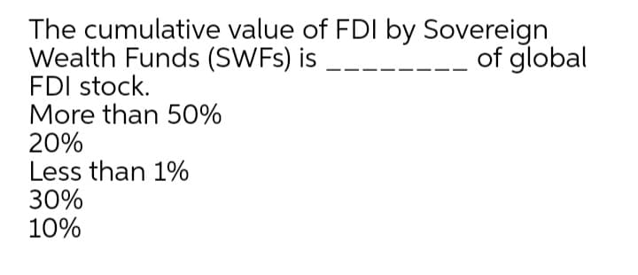 The cumulative value of FDI by Sovereign
Wealth Funds (SWFS) is
FDI stock.
More than 50%
20%
Less than 1%
30%
10%
of global
