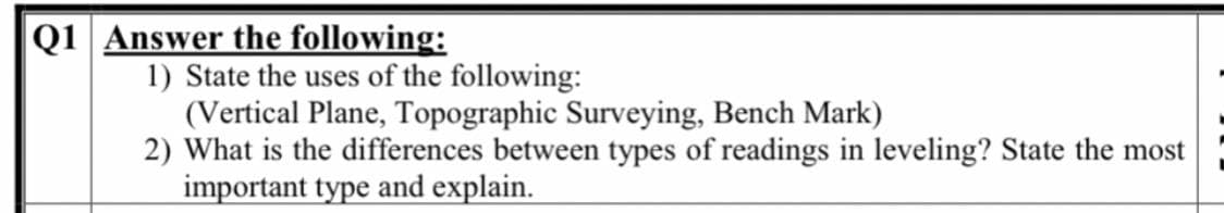 Q1 Answer the following:
1) State the uses of the following:
(Vertical Plane, Topographic Surveying, Bench Mark)
2) What is the differences between types of readings in leveling? State the most
important type and explain.
