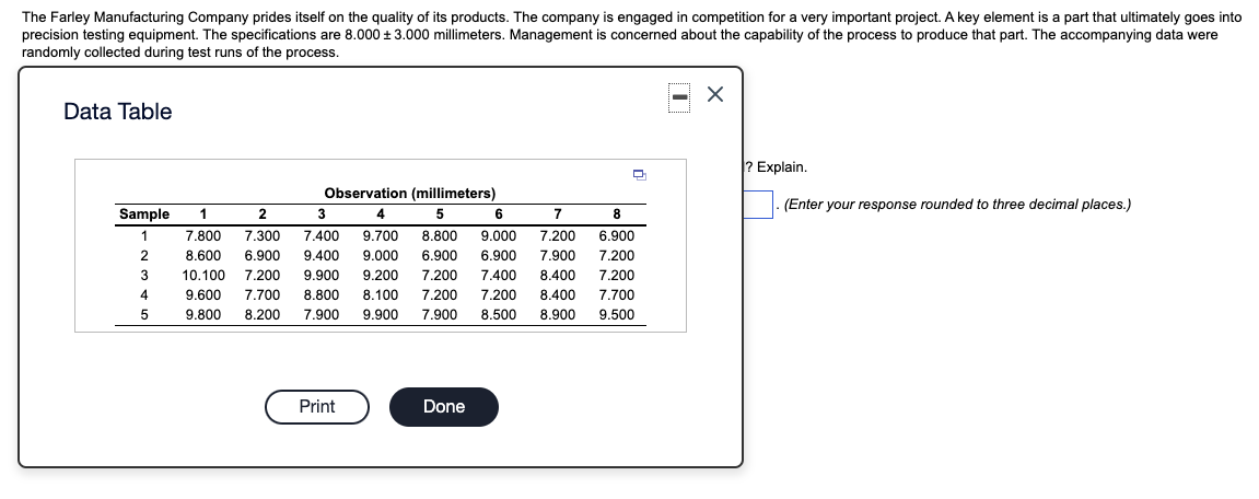 The Farley Manufacturing Company prides itself on the quality of its products. The company is engaged in competition for a very important project. A key element is a part that ultimately goes into
precision testing equipment. The specifications are 8.000 ± 3.000 millimeters. Management is concerned about the capability of the process to produce that part. The accompanying data were
randomly collected during test runs of the process.
Data Table
? Explain.
Observation (millimeters)
(Enter your response rounded to three decimal places.)
Sample
1
2
3
4
5
6
7
8
1
7.800
7.300
7.400
9.700
8.800
9.000
7.200
6.900
2
8.600
6.900
9.400
9.000
6.900
6.900
7.900
7.200
3
10.100
7.200
9.900
9.200
7.200
7.400
8.400
7.200
9.600
7.700
8.800
8.100
7.200
7.200
8.400
7.700
9.800
8.200
7.900
9.900
7.900
8.500
8.900
9.500
Print
Done
