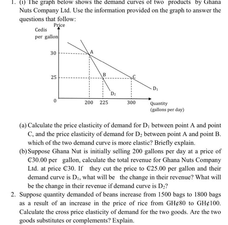 (1) The graph below shows the demand curves of two products by Ghana
Nuts Company Ltd. Use the information provided on the graph to answer the
questions that follow:
Price
Cedis
per gallon
30
B
25
D1
D2
200 225
300
Quantity
(gallons per day)
(a) Calculate the price elasticity of demand for D, between point A and point
C, and the price elasticity of demand for D2 between point A and point B.
which of the two demand curve is more elastic? Briefly explain.
(b) Suppose Ghana Nut is initially selling 200 gallons per day at a price of
C30.00 per gallon, calculate the total revenue for Ghana Nuts Company
Ltd. at price C30. If they cut the price to C25.00 per gallon and their
demand curve is D1, what will be the change in their revenue? What will
be the change in their revenue if demand curve is D2?
2. Suppose quantity demanded of beans increase from 1500 bags to 1800 bags
as a result of an increase in the price of rice from GH¢80 to GH¢100.
Calculate the cross price elasticity of demand for the two goods. Are the two
goods substitutes or complements? Explain.
