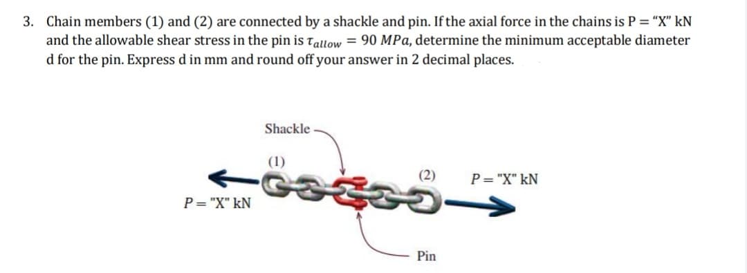 3. Chain members (1) and (2) are connected by a shackle and pin. If the axial force in the chains is P ="X" kN
and the allowable shear stress in the pin is Tellow = 90 MPa, determine the minimum acceptable diameter
d for the pin. Express d in mm and round off your answer in 2 decimal places.
Shackle
(1)
(2)
P= "X" kN
P = "X" kN
Pin
