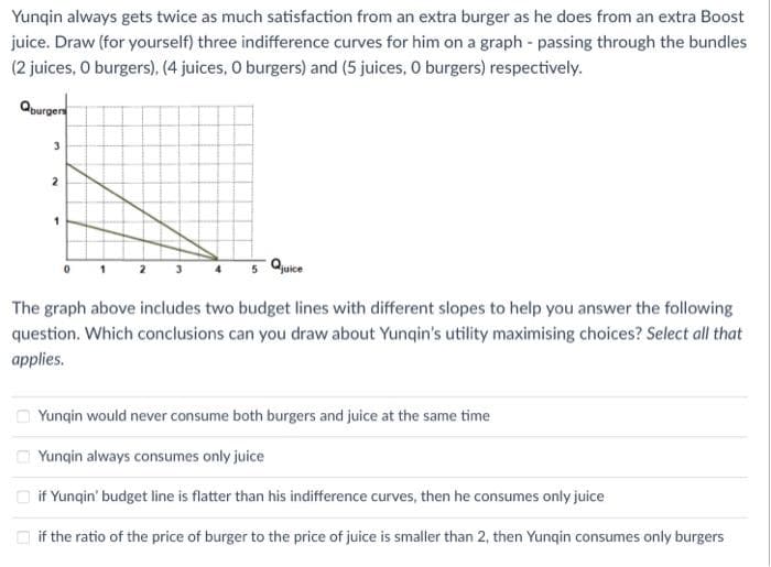 Yungin always gets twice as much satisfaction from an extra burger as he does from an extra Boost
juice. Draw (for yourself) three indifference curves for him on a graph - passing through the bundles
(2 juices, O burgers), (4 juices, O burgers) and (5 juices, O burgers) respectively.
Qburgers
3
2
5 Qjuice
The graph above includes two budget lines with different slopes to help you answer the following
question. Which conclusions can you draw about Yunqin's utility maximising choices? Select all that
applies.
01 2 3
Yungin would never consume both burgers and juice at the same time
Yungin always consumes only juice
if Yungin' budget line is flatter than his indifference curves, then he consumes only juice
if the ratio of the price of burger to the price of juice is smaller than 2, then Yunqin consumes only burgers